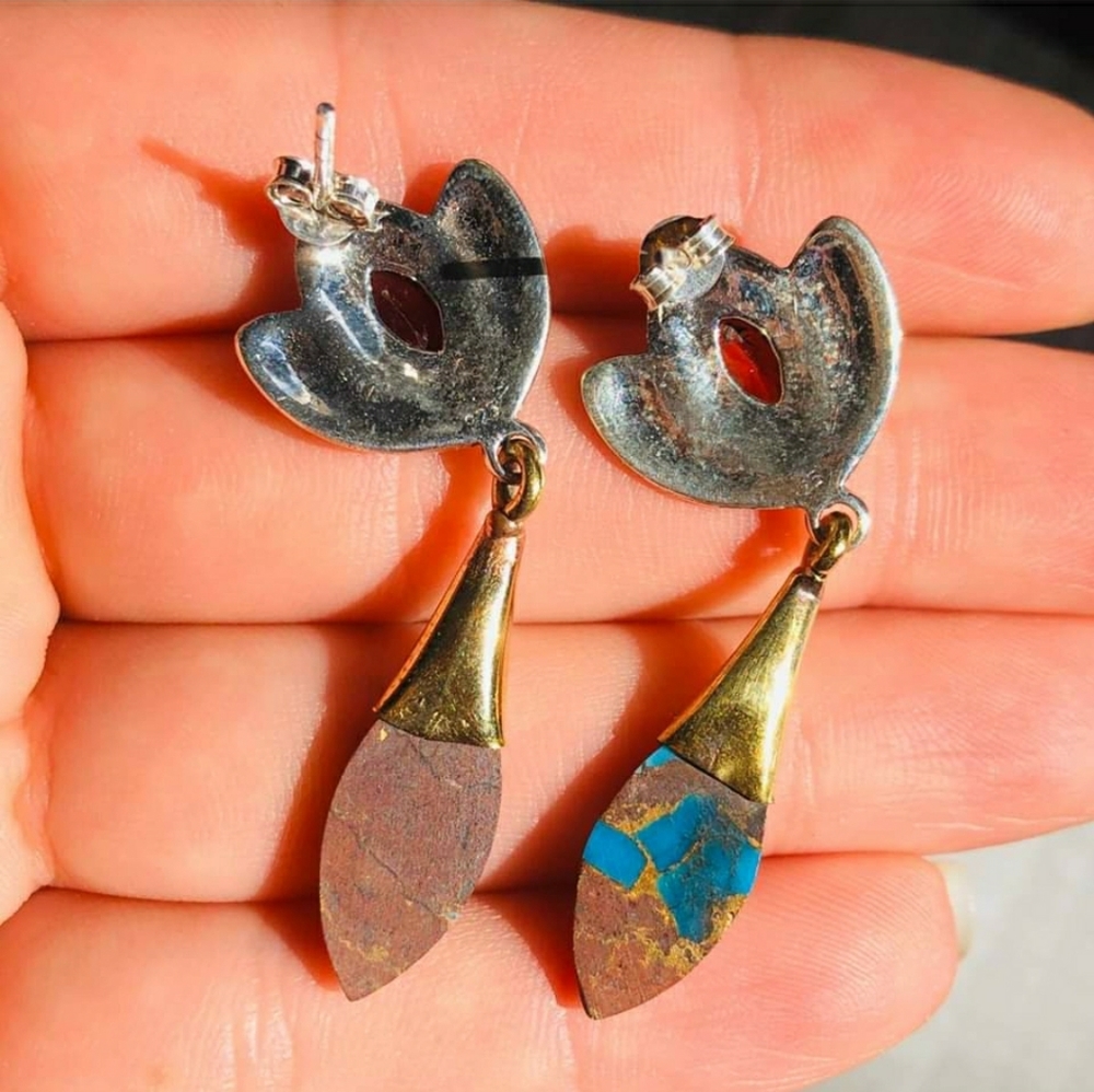 SOLD Basalt Turquoise & Garnet 925 Earrings - Picture 4 of 5